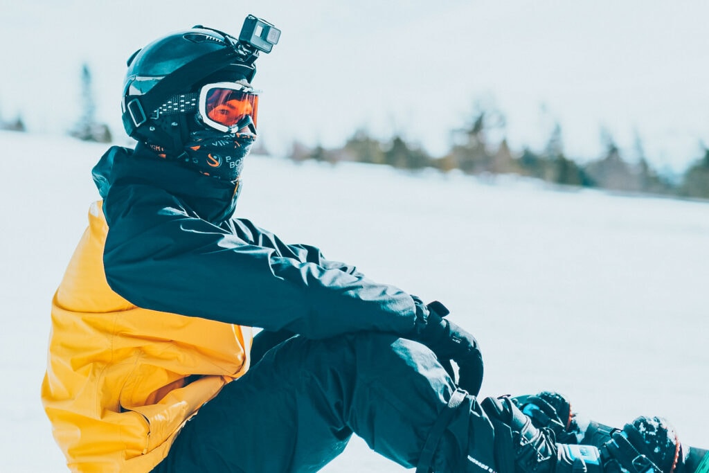 gopro winter snowboarder helmet mount close 2